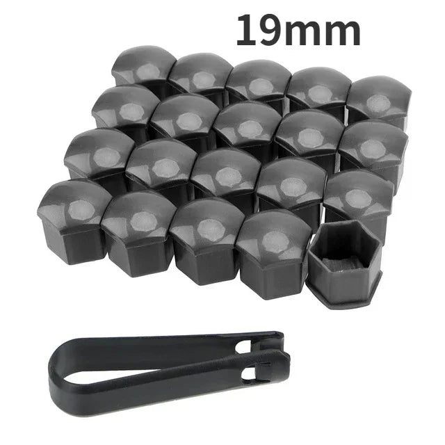 A set of 19mm black car wheel nut protection covers and a corresponding tool.