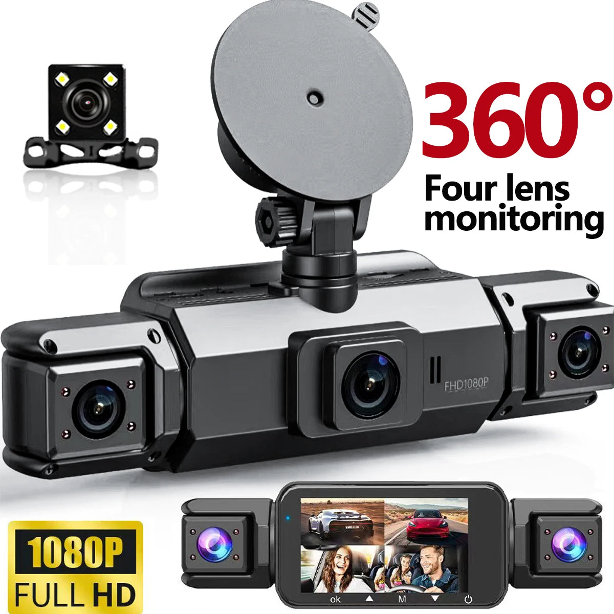 A black 4-camera 360 degree dash cam mounted on a vehicle, showing a smartphone view.