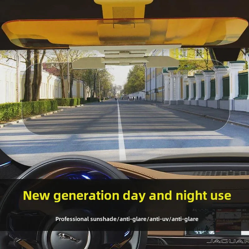 HD Anti-Glare car sun visor shown in a vehicle interior with a bright outdoor scene.