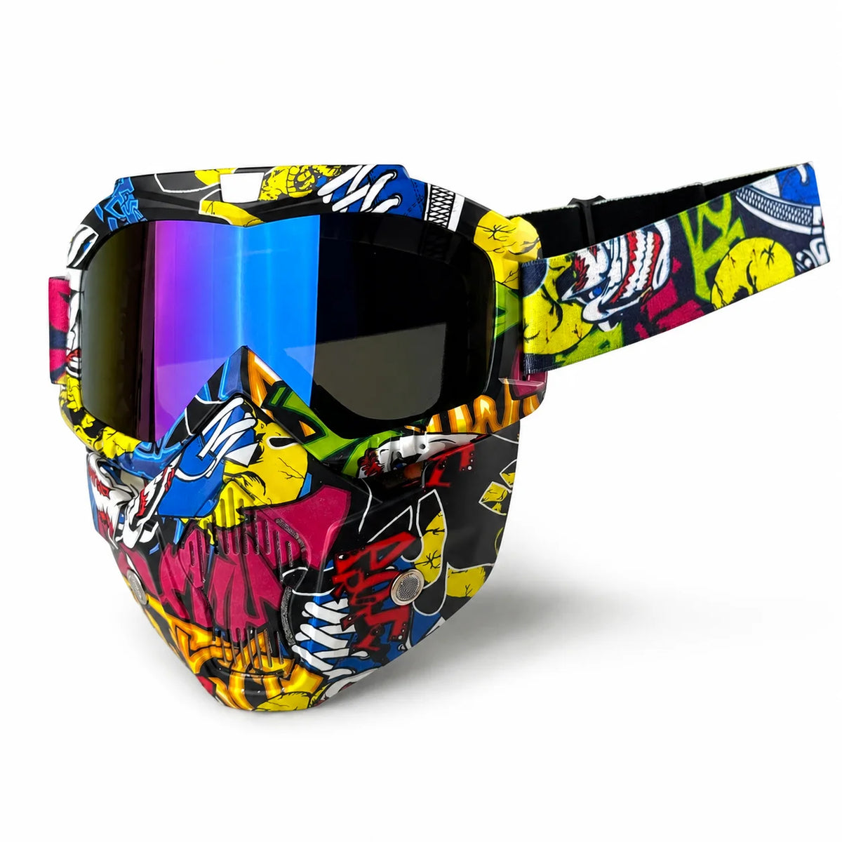 Tactical full face motorcycle goggles with colored lenses featuring a vibrant, multi-colored graphic design.