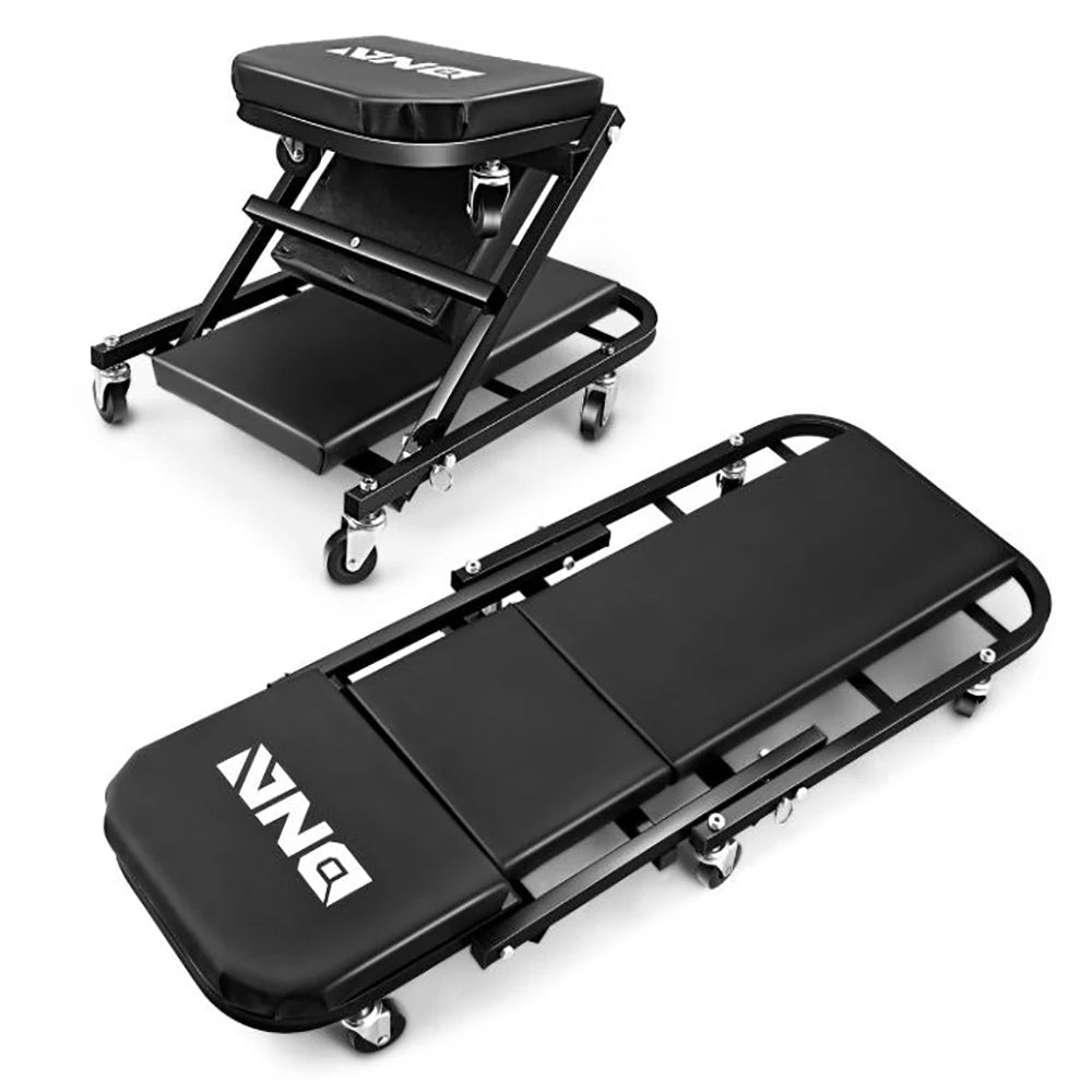 Black 2-in-1 foldable garage creeper seat with a folding frame and seat cushion.