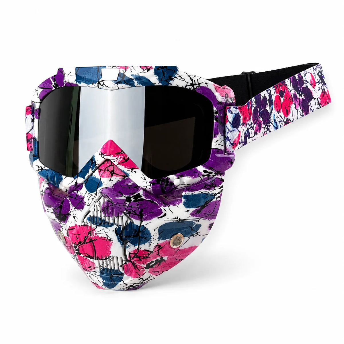 Tactical full face motorcycle goggles with a vibrant floral pattern and black lenses