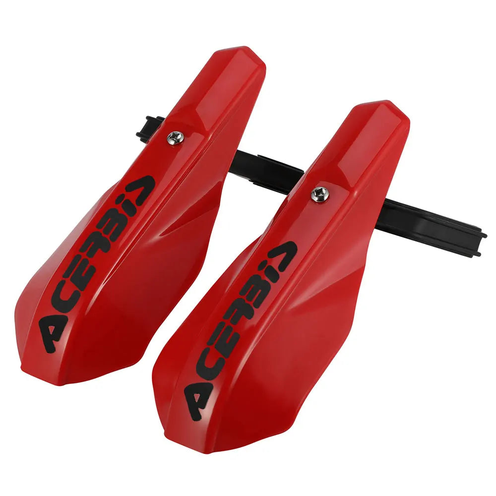 Kit de protection de guidon universel rouge pour moto avec quincaillerie de montage noire.