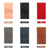 A collection of premium leather document and ID holders in pink, black, red, grey, blue, and brown.