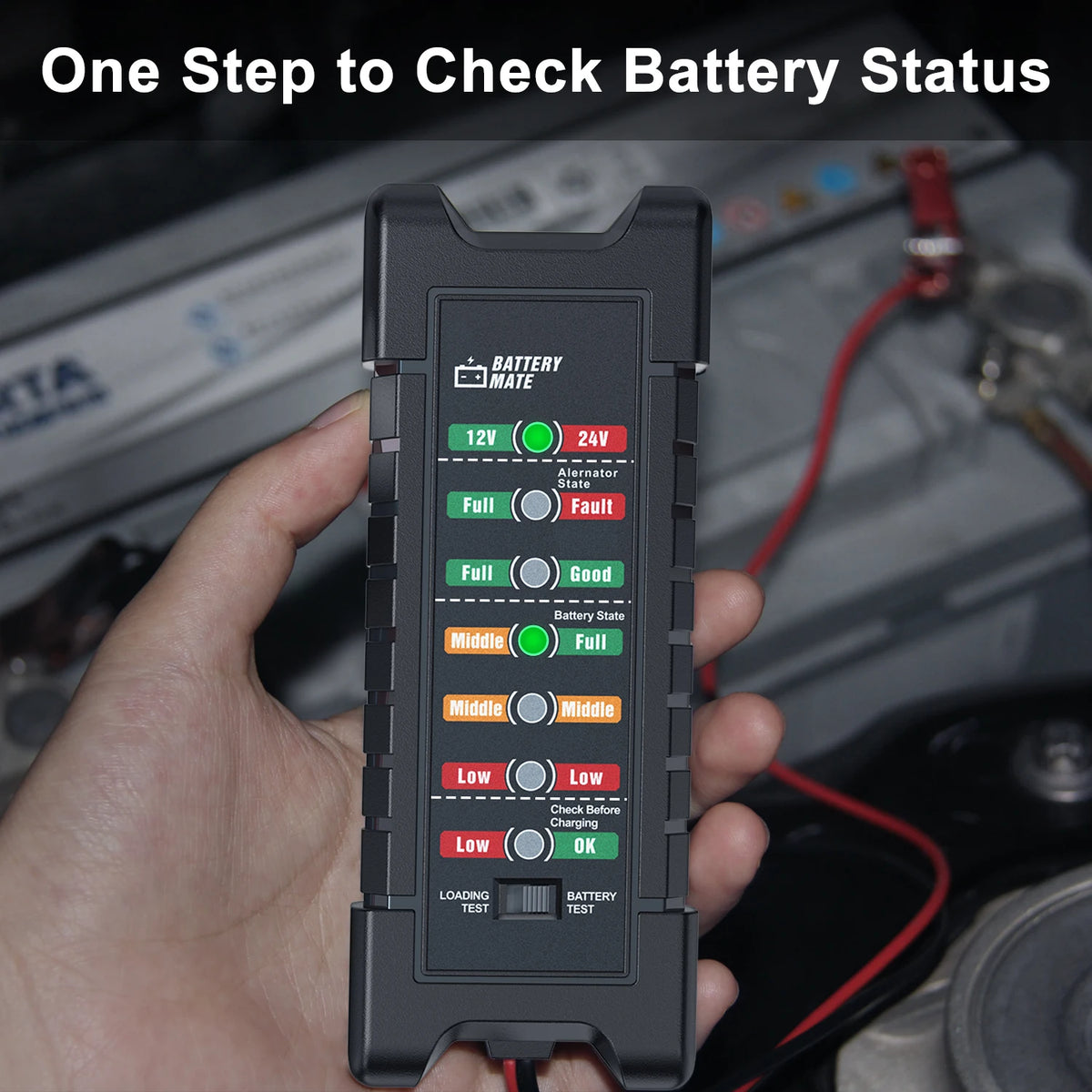 A hand holds a black battery tester device displaying various battery status indicators like Full, Good, Middle, and Low for 
