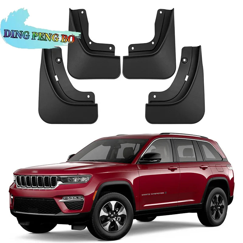 Black mud flaps for a Jeep Grand Cherokee or Grand Cherokee L vehicle.