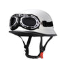 White half-helmet motorcycle and EV safety gear with black goggles and strap