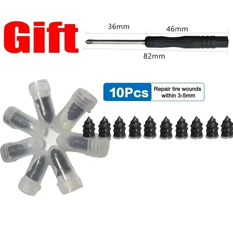 A set of 10 tire repair needles and various sized tips for repairing small tire punctures.