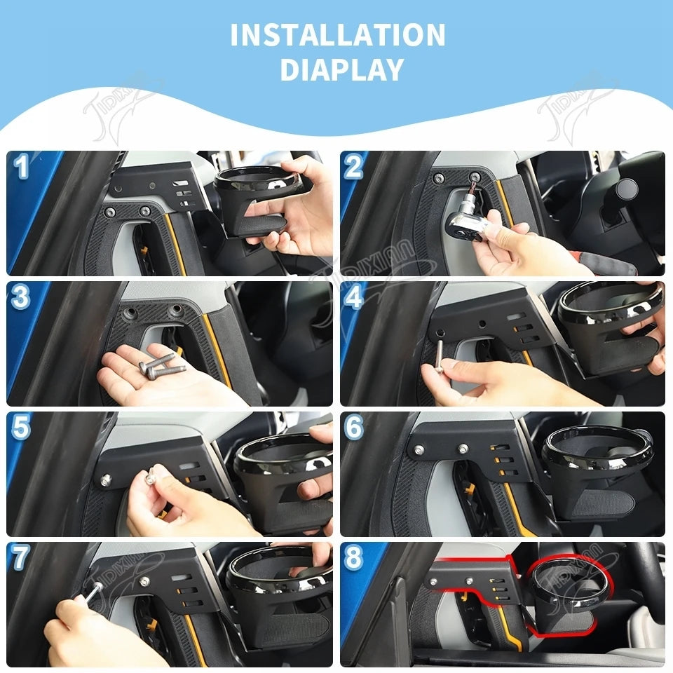 Installation display showing steps for installing a Ford Bronco A-Pillar handle cup holder in a vehicle interior.