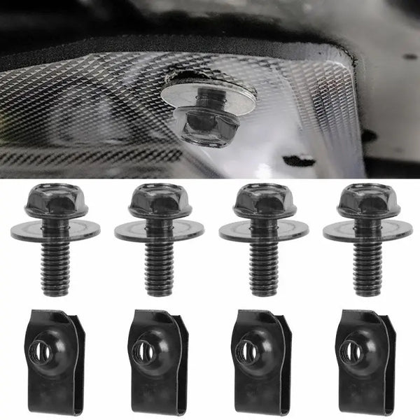 A set of black M6 engine cover and body fasteners for automotive use.