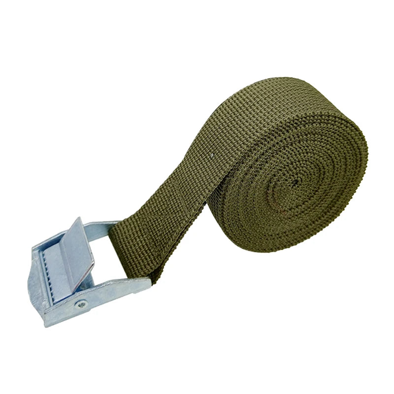 A roll of olive green heavy duty cargo straps with a metal buckle visible.