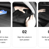 Three steps showing how to use a damp cloth and gentle pressure to install a universal dash cover.