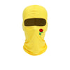 Yellow balaclava hat with a brown visor and a red rose embroidery.