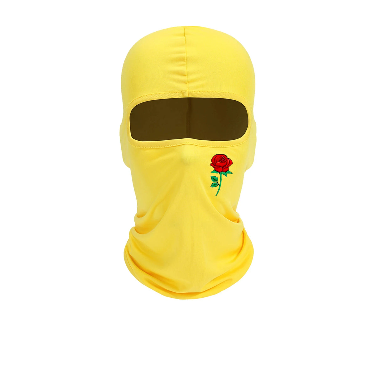 Yellow balaclava hat with a brown visor and a red rose embroidery.