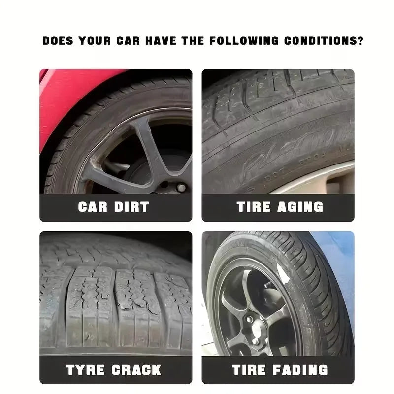 Four panels showing signs of tire wear including car dirt, tire aging, tire crack, and tire fading.