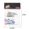 Kit contenant divers écrous Fender JDM et fixations hexagones pour modification de voiture, incluant des punaises métalliques