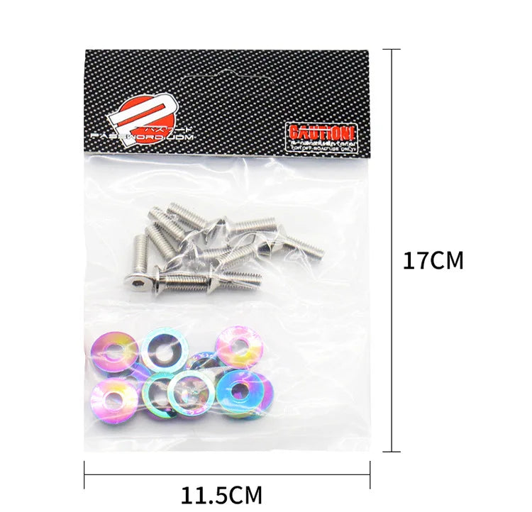 Kit contenant divers écrous Fender JDM et fixations hexagones pour modification de voiture, incluant des punaises métalliques