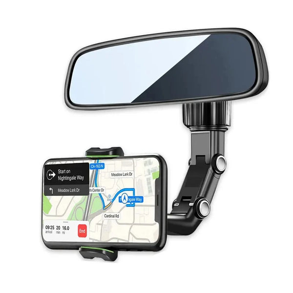 A black 360° rotating car phone mount is shown with a large mirror, designed to hold a smartphone.