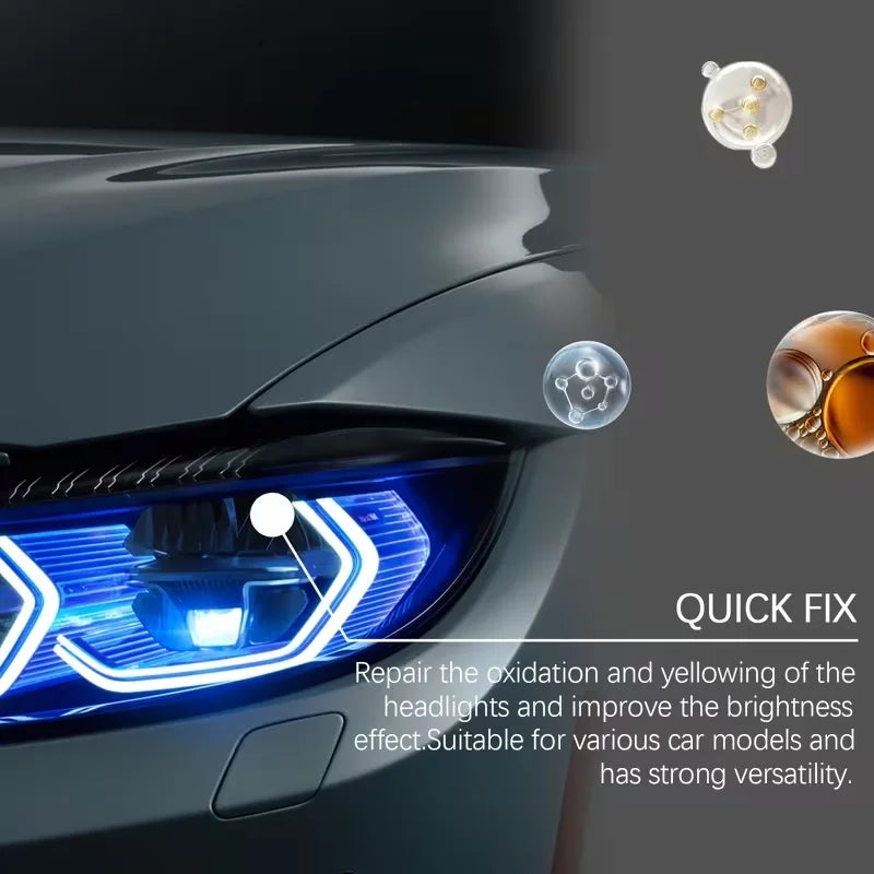 A close-up of a car headlight with a blue LED light, showing a small repair kit for restoration.