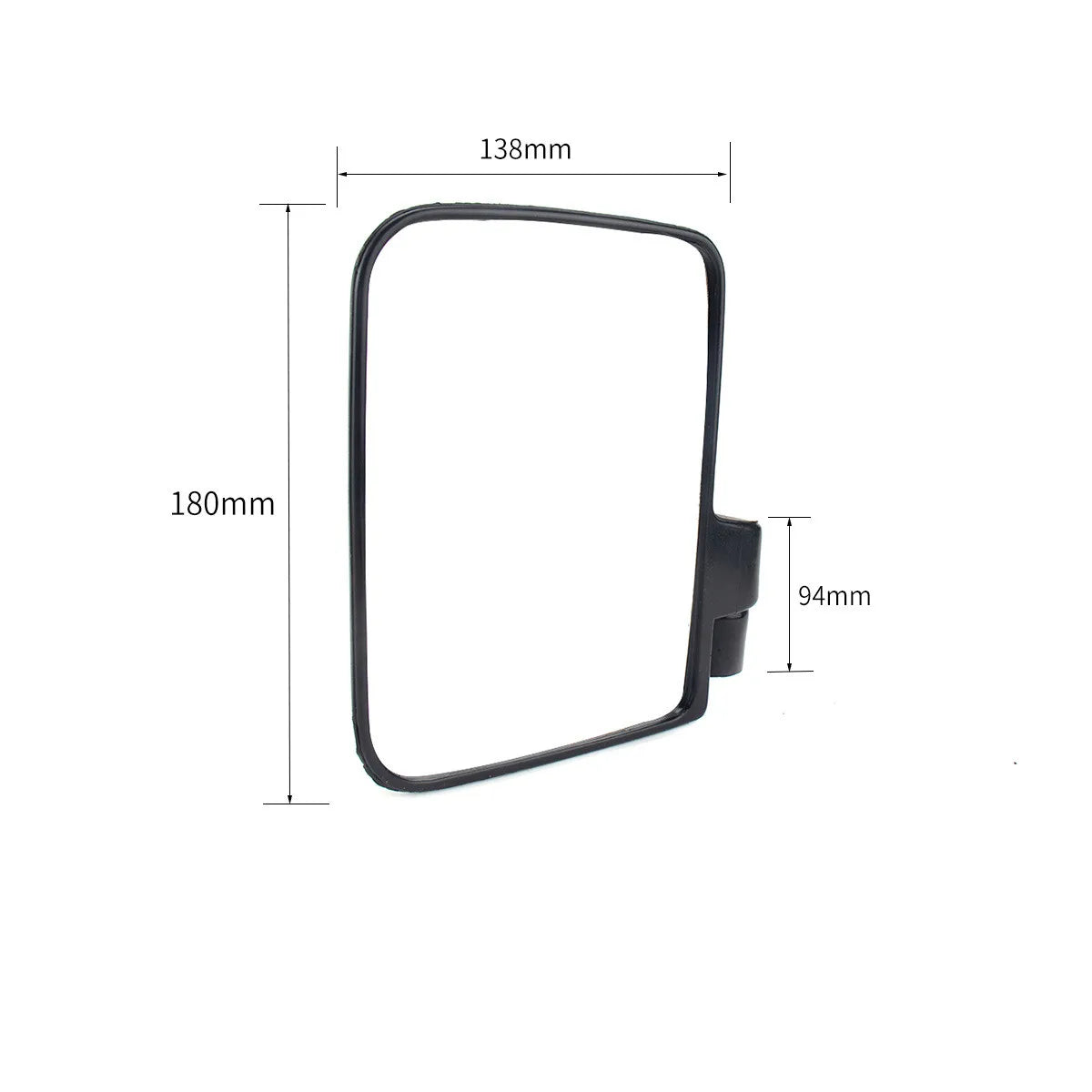 Black rectangular side mirror with dimensions 138mm by 180mm and a mounting bracket.