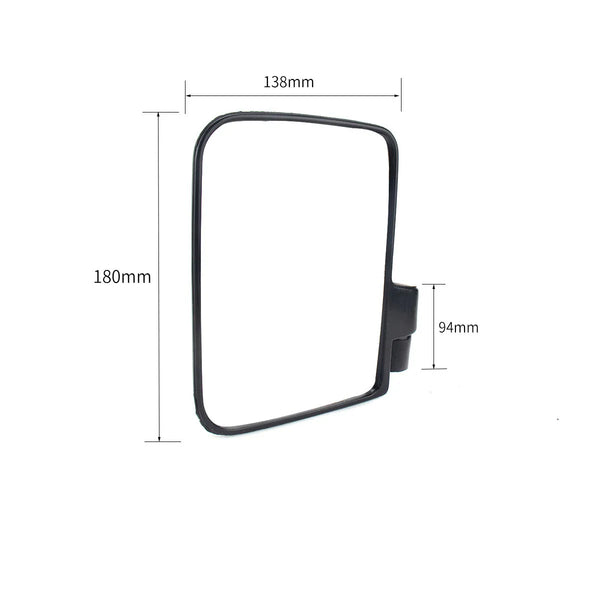 Espejo lateral rectangular negro con dimensiones de 138mm por 180mm y un soporte de montaje.