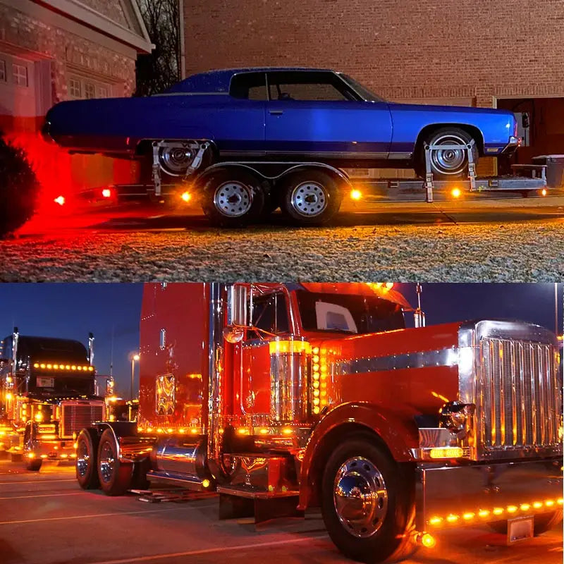 A close-up of a red semi-truck with bright LED flashing turn signals parked at night.