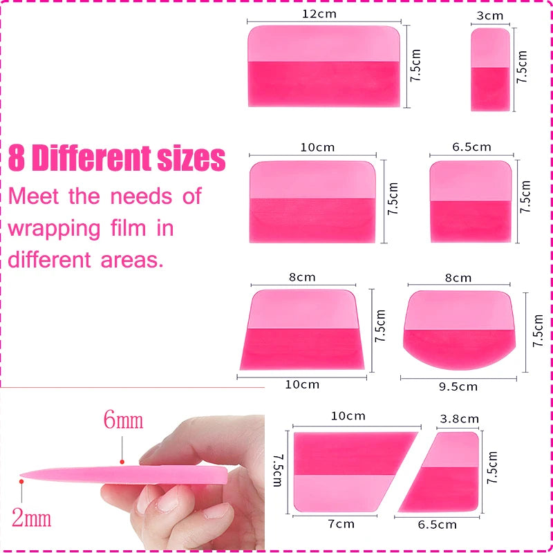 Various sizes of pink anti-scratch PPF squeegees for window tinting and film installation are shown.