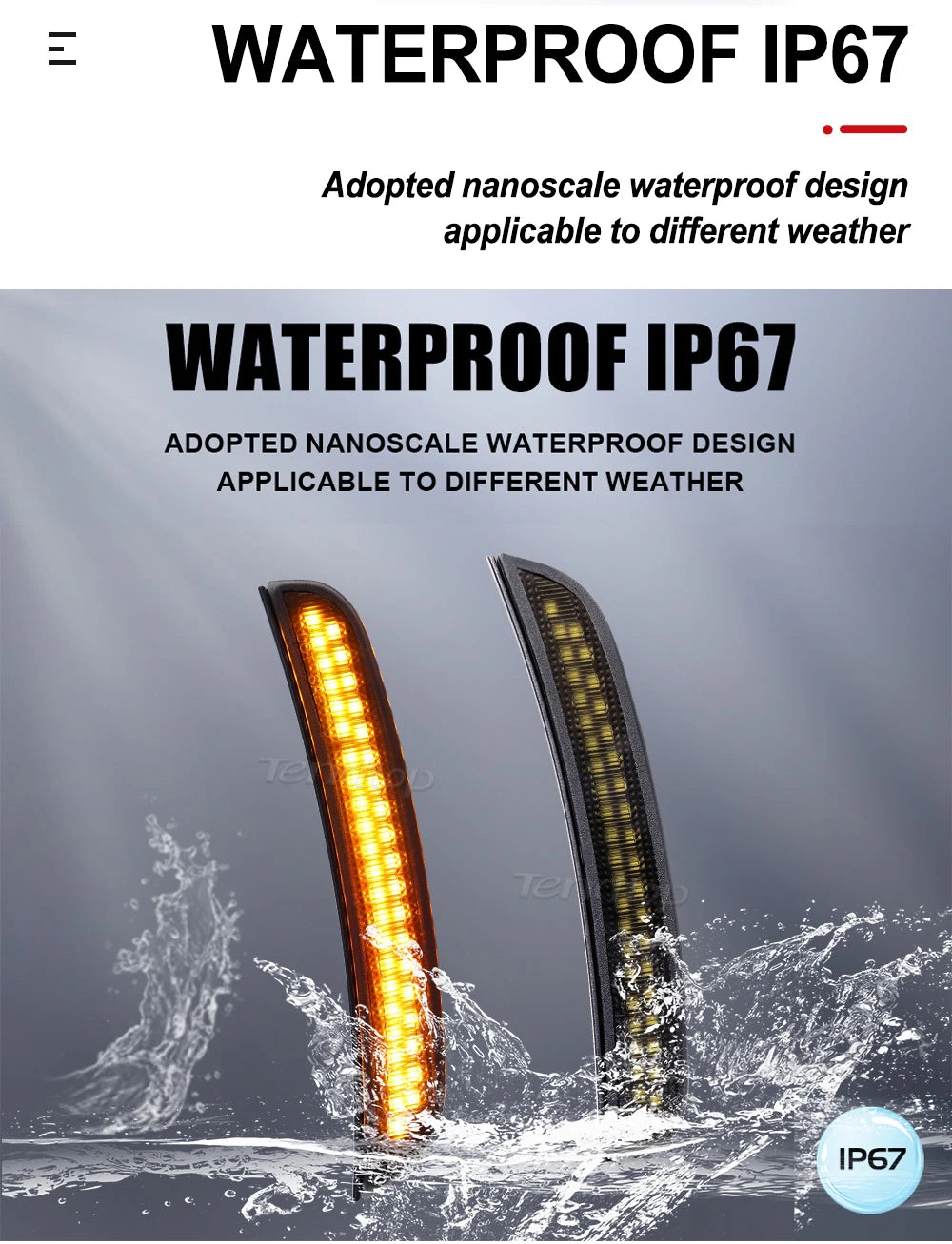 Two waterproof IP67 LED side marker lights are shown being splashed by water.