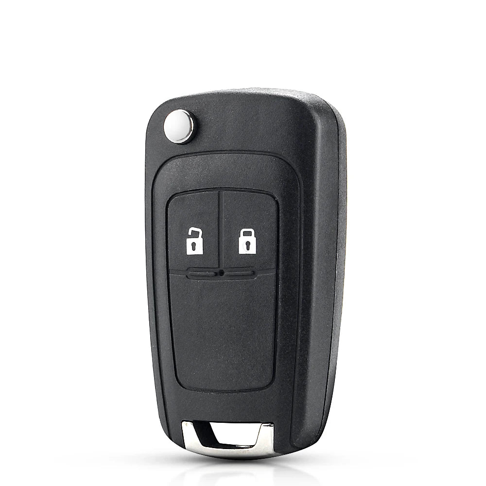 A black replacement flip key shell case for Chevrolet, Buick, Vauxhall, and Opel models with two lock buttons.