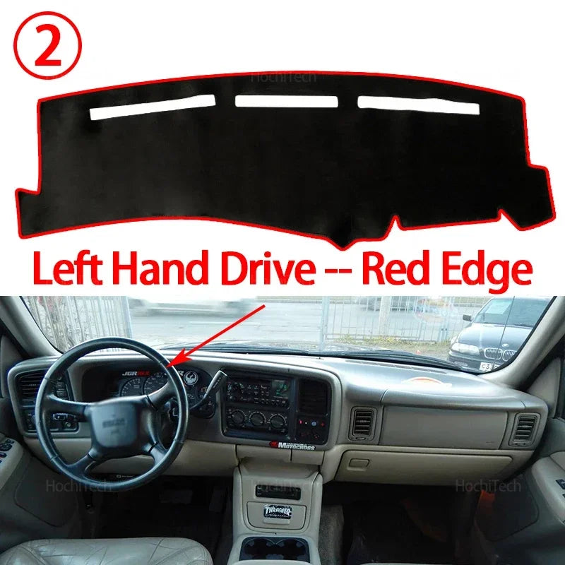 A black dashboard cover with a red edge is shown installed in a vehicle interior.