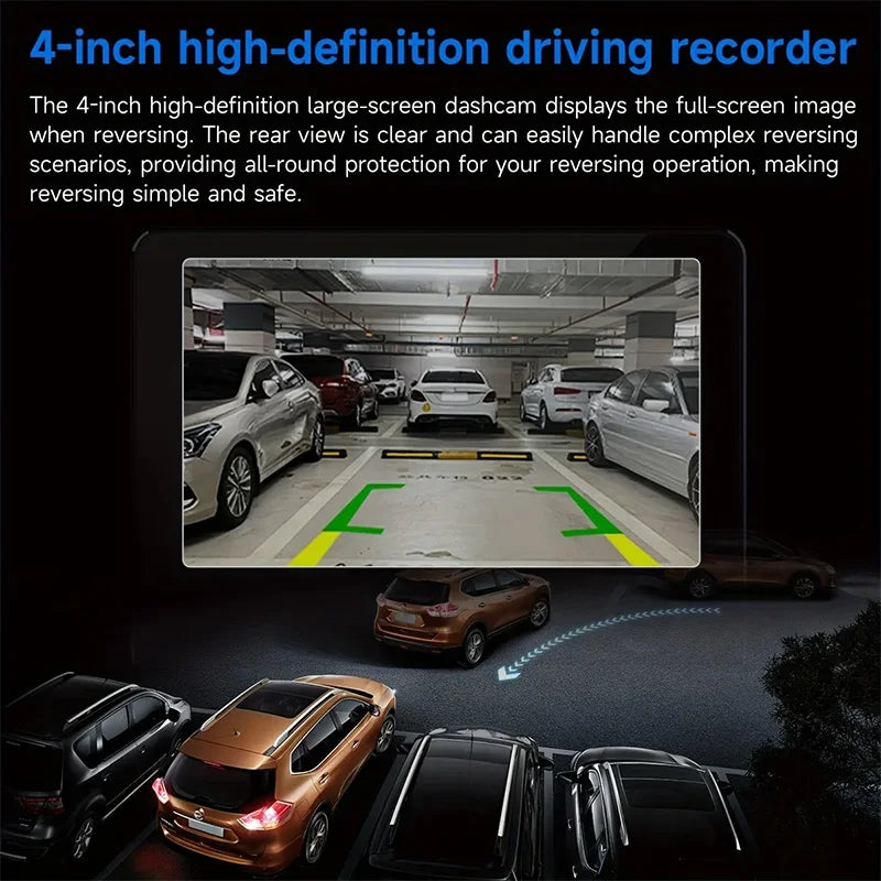 A 4-inch high-definition driving recorder displays a rear view of a car reversing, with several vehicles visible in the parki