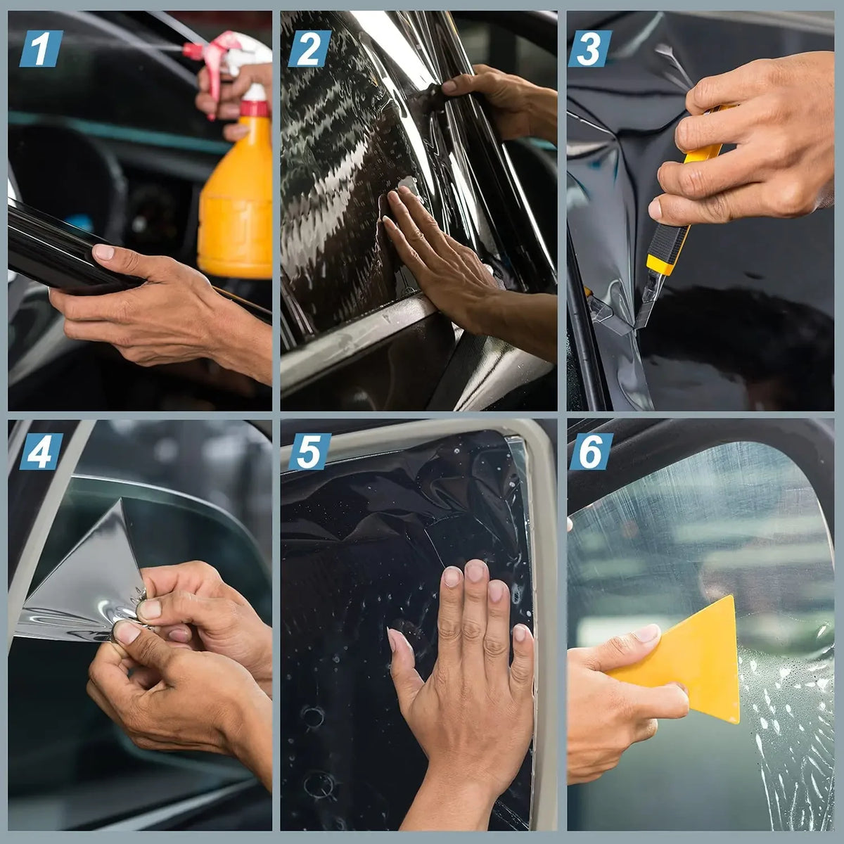 Sechs Schritte zur Anwendung von Hochleistungsfensterschutzfolie auf einem Autoscheibe.