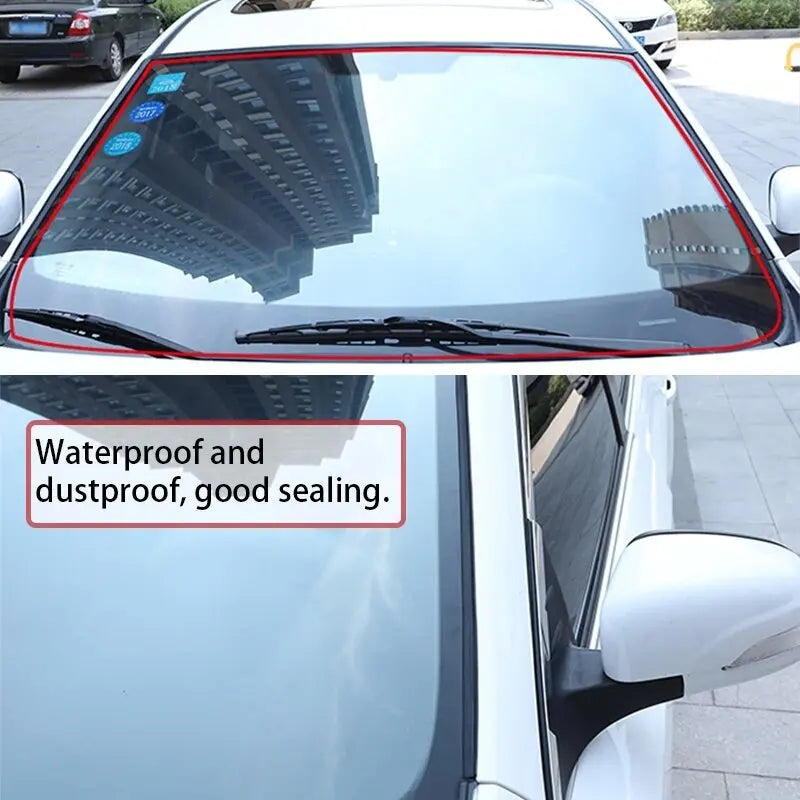 Close-up of a car windshield and body seal strips demonstrating waterproof and dustproof sealing.