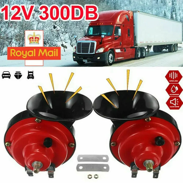 A pair of red electric horns with silver mounting hardware for a 12V sound device.