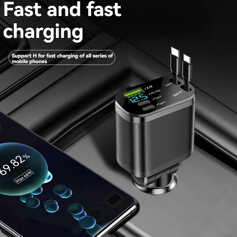 A close-up of a portable fast charging adapter with multiple USB-C ports and a cable connected to a smartphone.