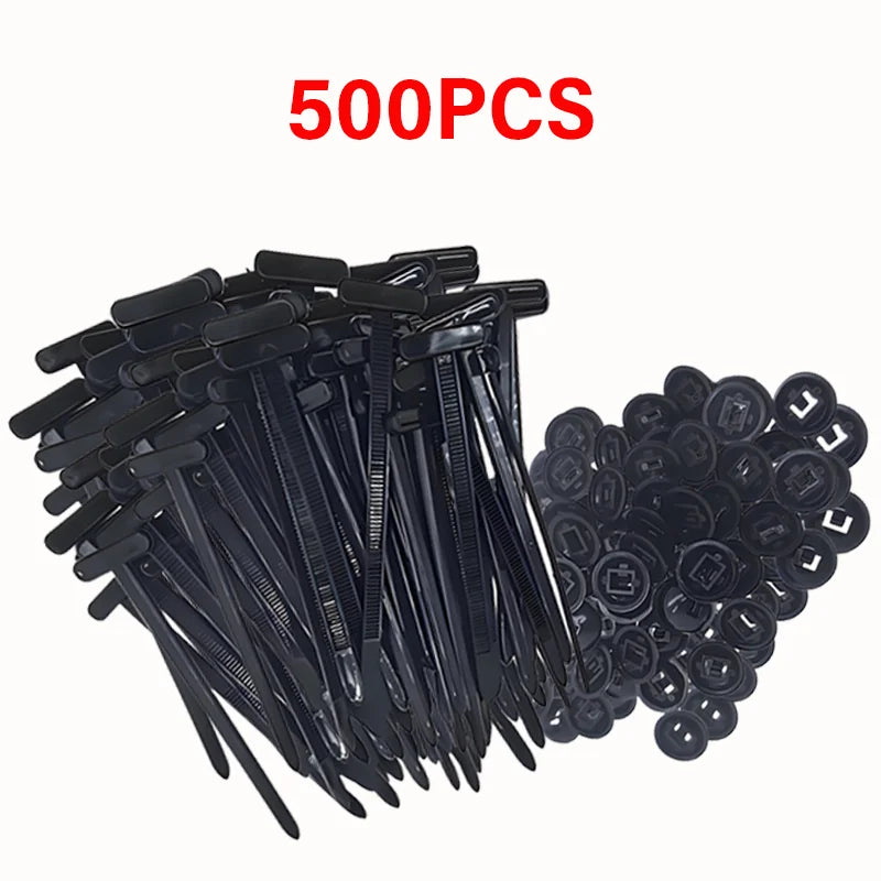 A pile of 500 heavy duty self-locking nylon cable ties in black.