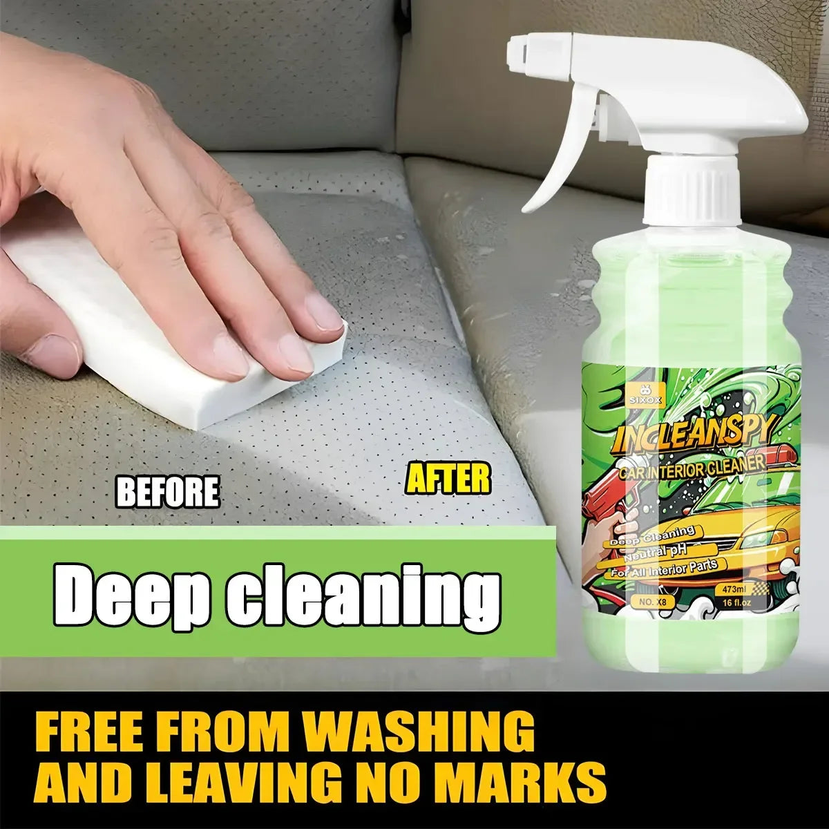 Eine Hand reinigt eine Auto-Innenausstattung mit einem weißen Tuch neben einer Sprühflasche Inglean Car Interior Cleaner.