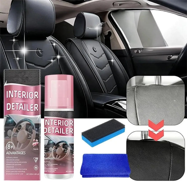 Un kit de produits pour nettoyer l'intérieur de voiture, comprenant un nettoyant en spray, des chiffons microfibres et des ta