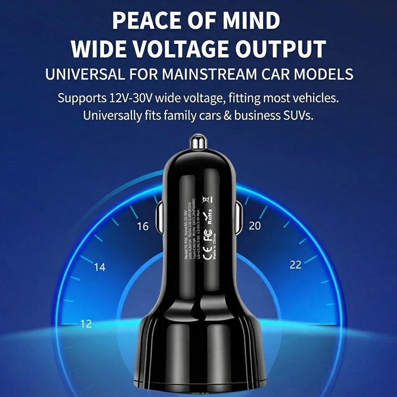 A black multi-port car charger with a dome shape is shown against a blue background.