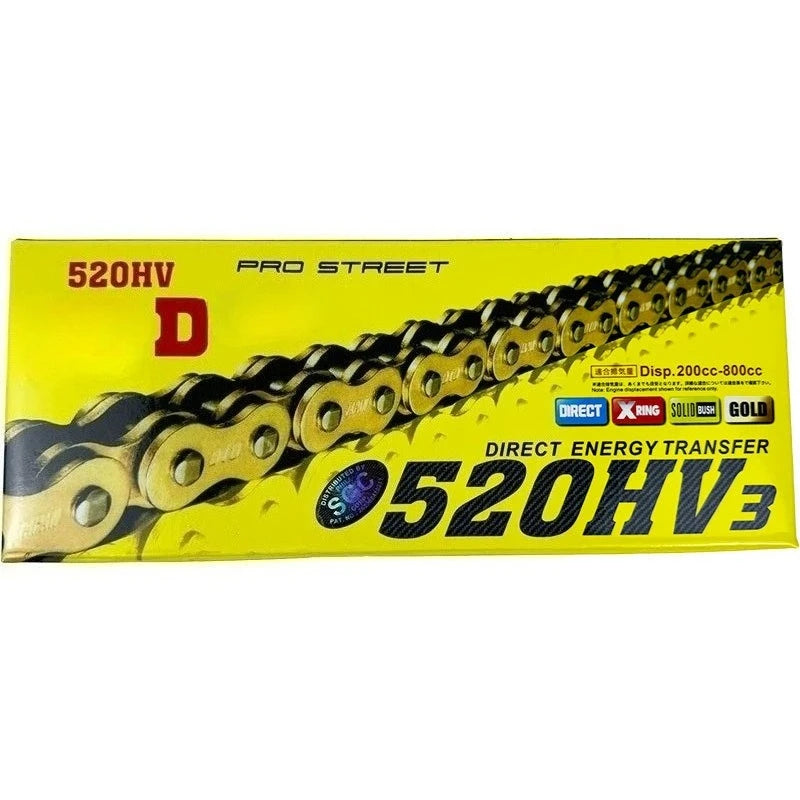 Yellow packaging for a 520HV3 direct energy transfer motorcycle chain product.