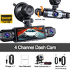 A black 4 channel dash cam system showing the rotating lens, a rear camera kit, and charging cable.