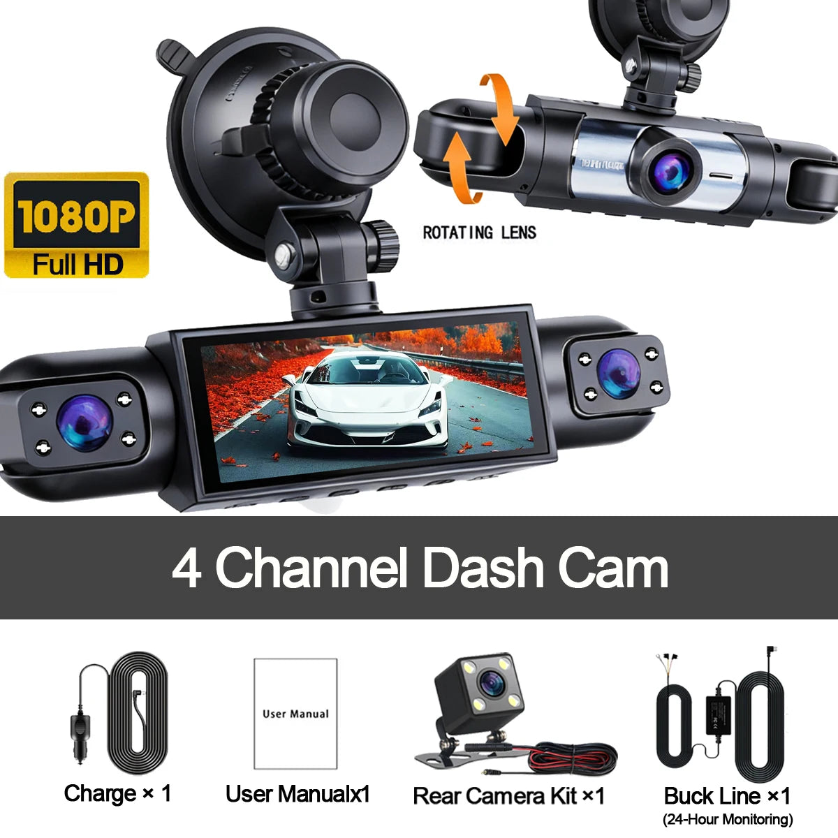 A black 4 channel dash cam system showing the rotating lens, a rear camera kit, and charging cable.
