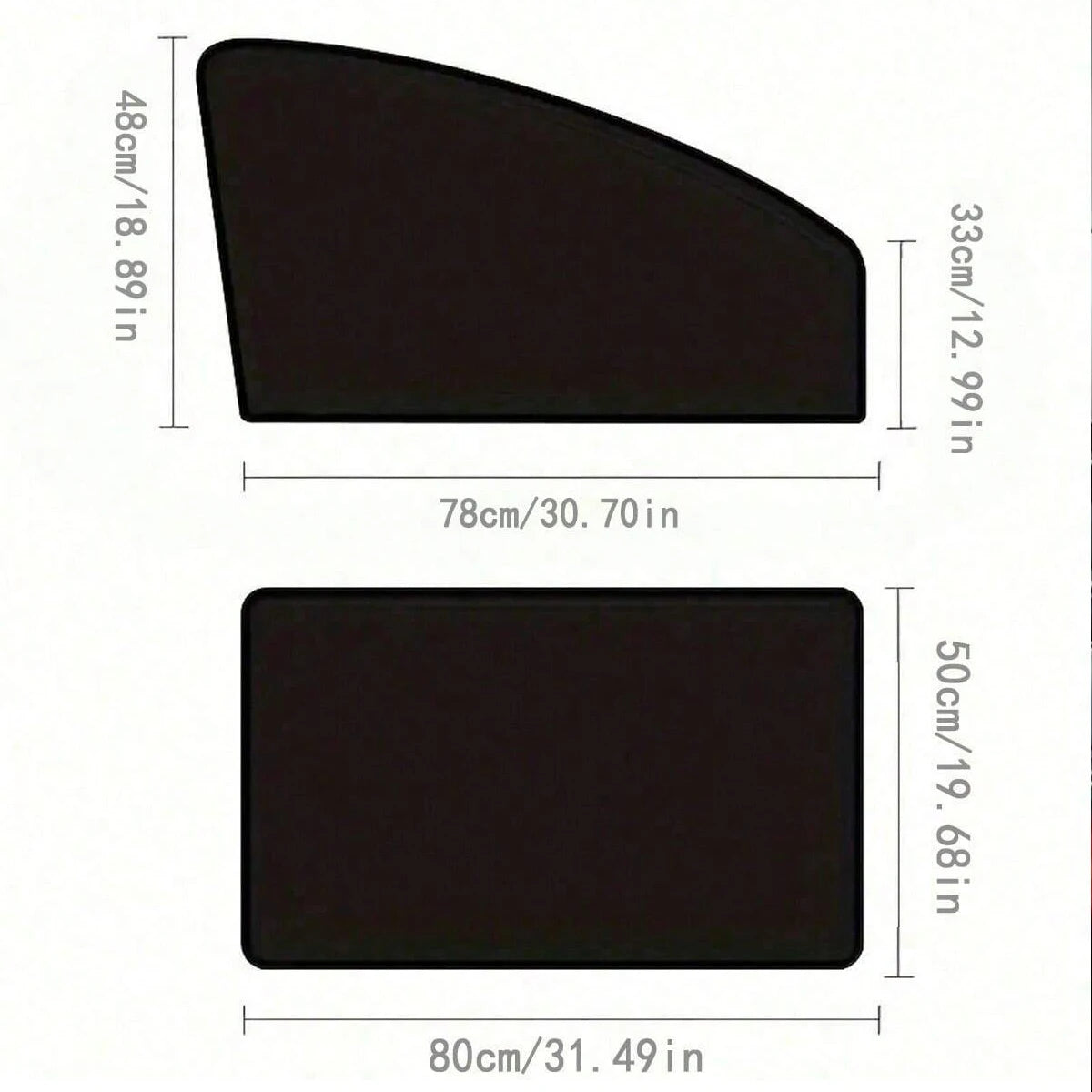 Two black magnetic car window sunshades shown with dimensions.