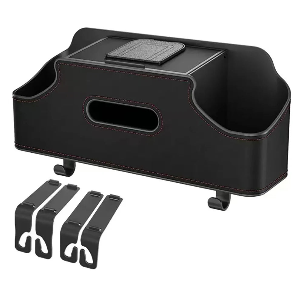 Organisateur de siège auto multifonction noir avec plateau de rangement et supports de montage.