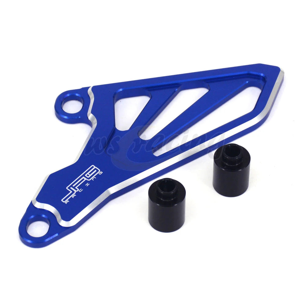 Blue CNC aluminum front sprocket cover for dirt bikes with a black mounting piece.
