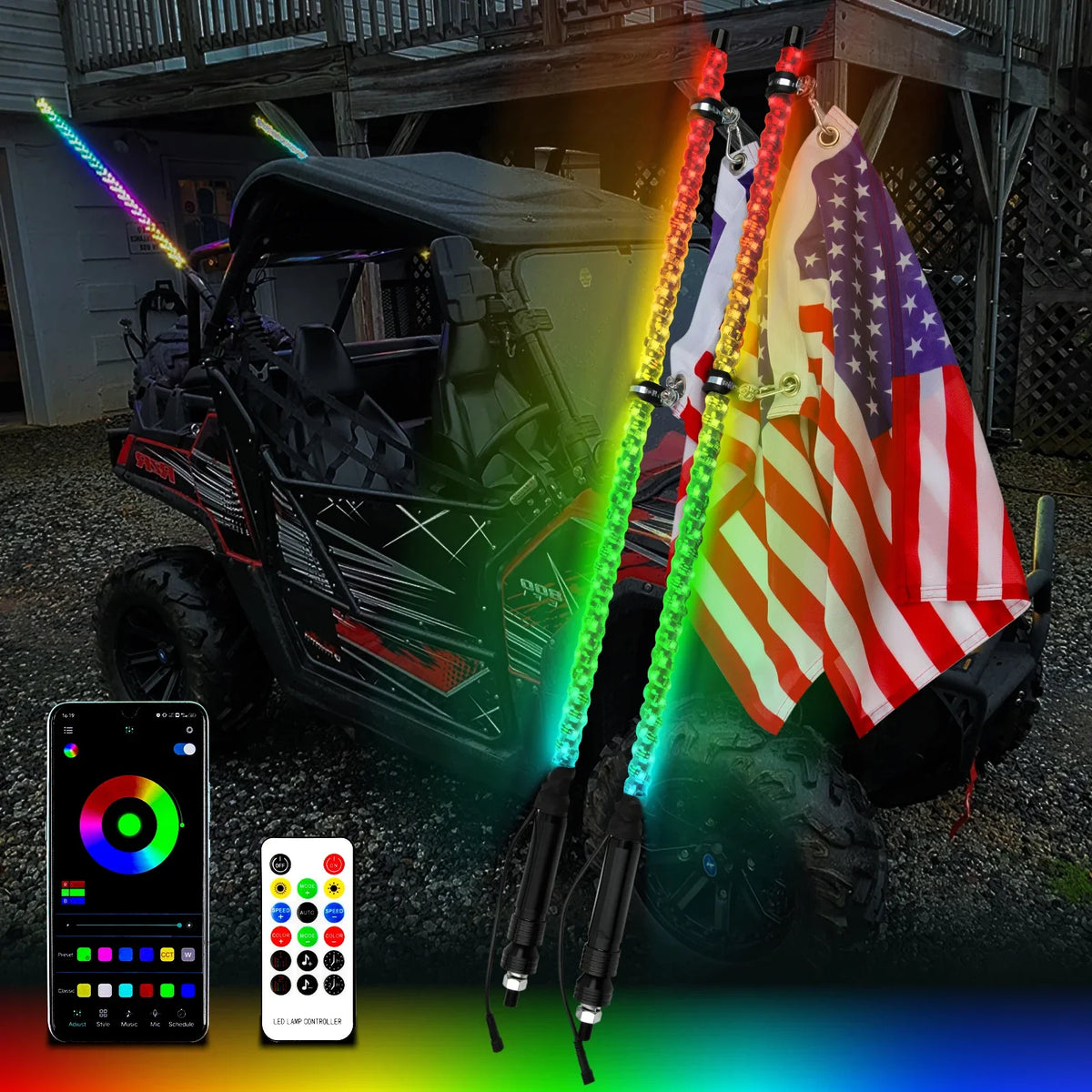 An off-road vehicle is shown with an RGB LED whip light and an American flag attached, alongside a remote control device.