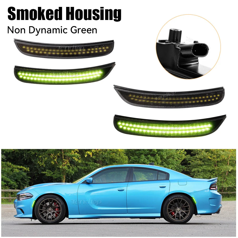 Three smoked housing LED side marker lights for a blue Dodge Charger.