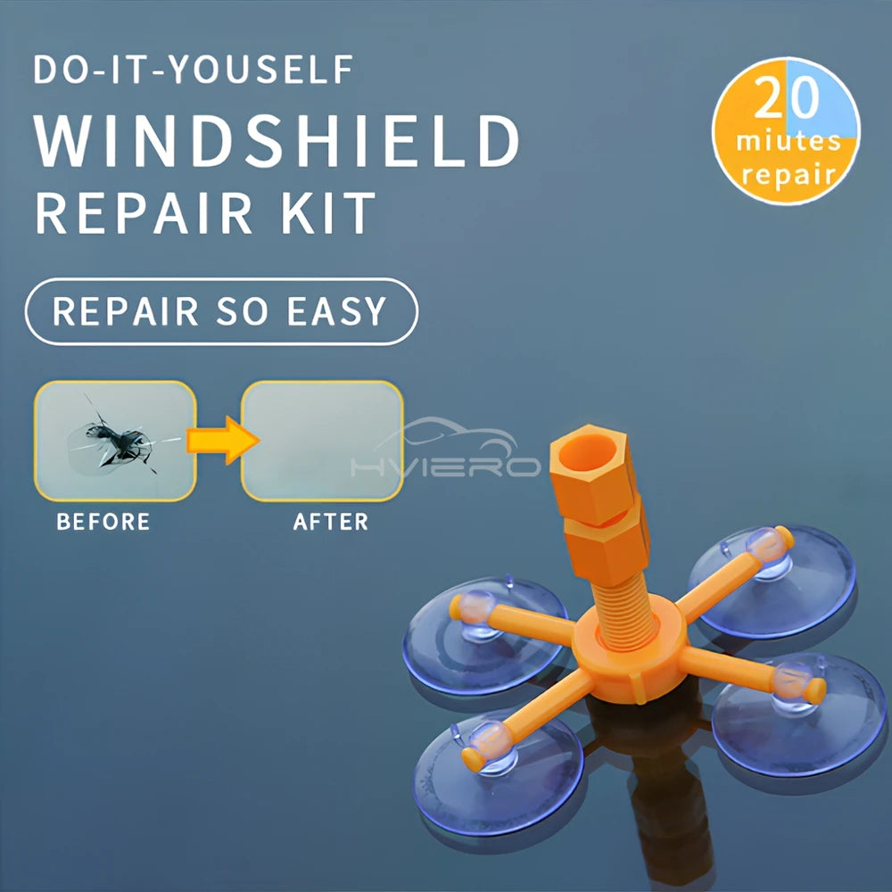 Kit de reparación de parabrisas casero mostrando un componente agrietado siendo reparado con una herramienta naranja y vidrio