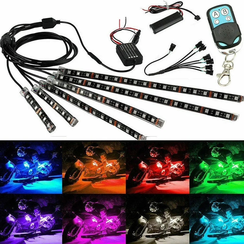 Motorcycle RGB LED underglow kit with remote control featuring multiple light strips and a controller.