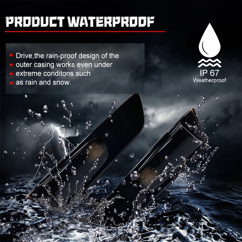 Two black smoked lens side marker light housings being splashed by water.